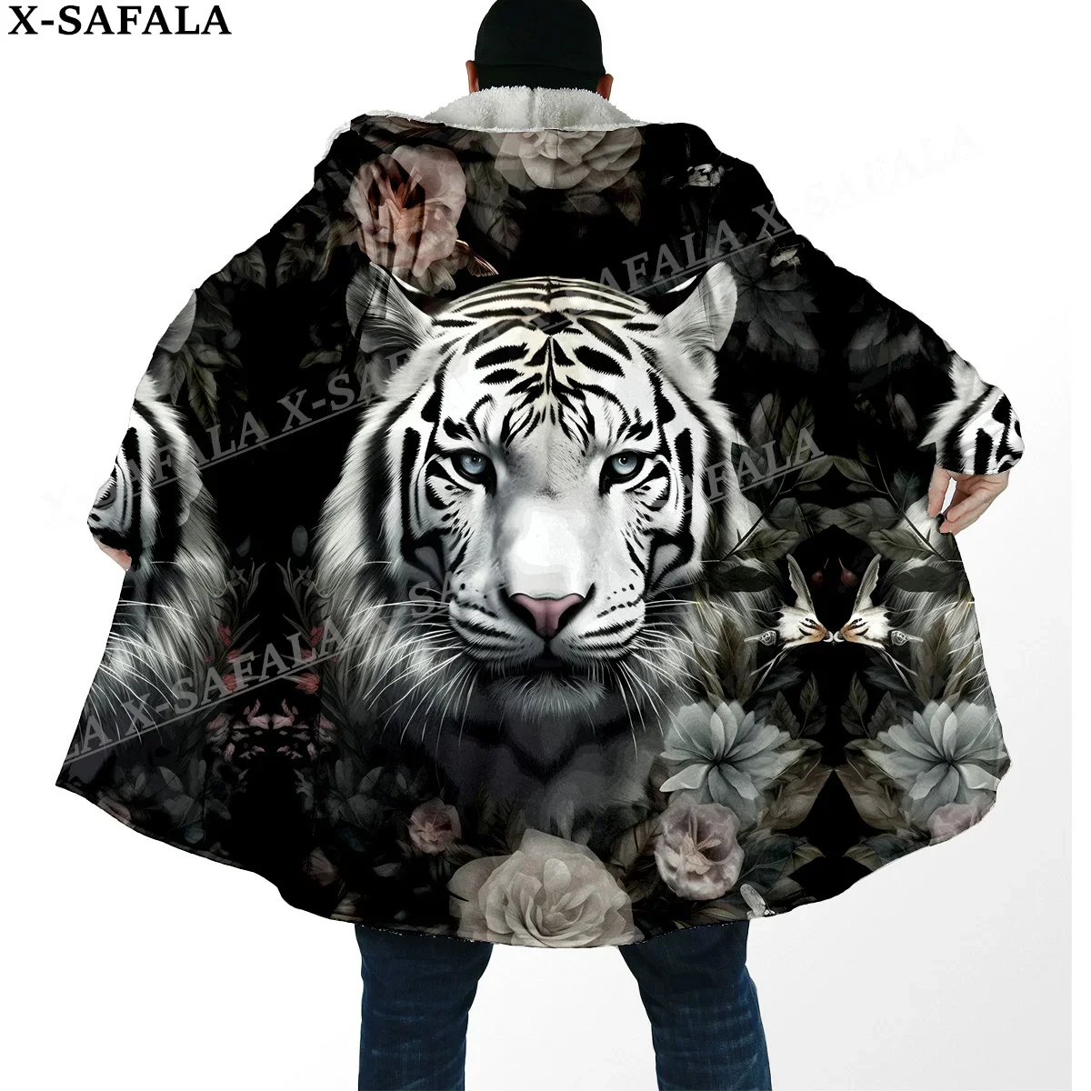 Mythology Tiger The King Spirit Thick Warm Hooded Cloak Men Overcoat Coat Windproof Fleece Cape Robe Hooded Blanket-39