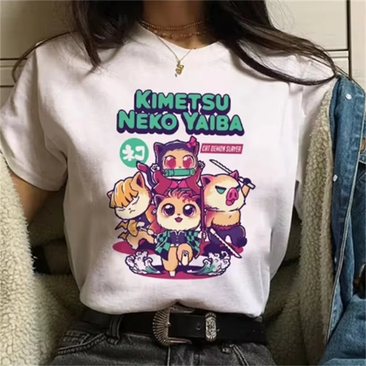 

Women's Short Sleeve Japanese Anime T-Shirt Demon Killer Women's Nezuko Kawaii Tees Tanji O Collar Graphic Women's T-Shirt Manga