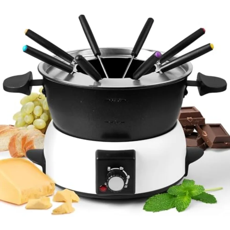 

3-Quart Electric Fondue Pot Set Stainless Steel Fondue Pot with 8 Color-Coded Forks 3-Mode Adjustable Temperature Control for C