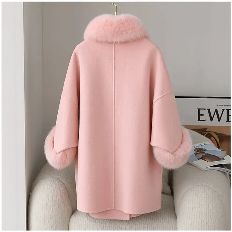 Frauen Luxus Winter Wolle Pelz Mantel Jacke Femal Fox Pelz Kragen Mäntel Dame lange über Größe Parka Graben ct2135