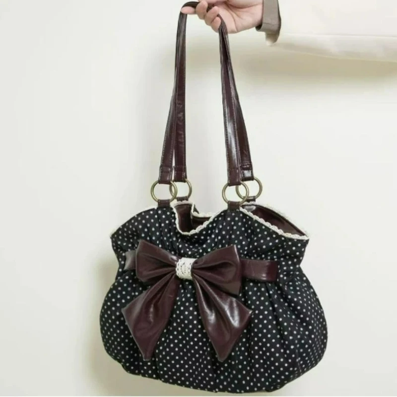 

Винтажная сумка через плечо в стиле Y2K с бантом и принтом в горошек, японская милая сумка-багет, стильная и очаровательная сумка в стиле Лолита, повседневная универсальная плюшевая сумка-тоут