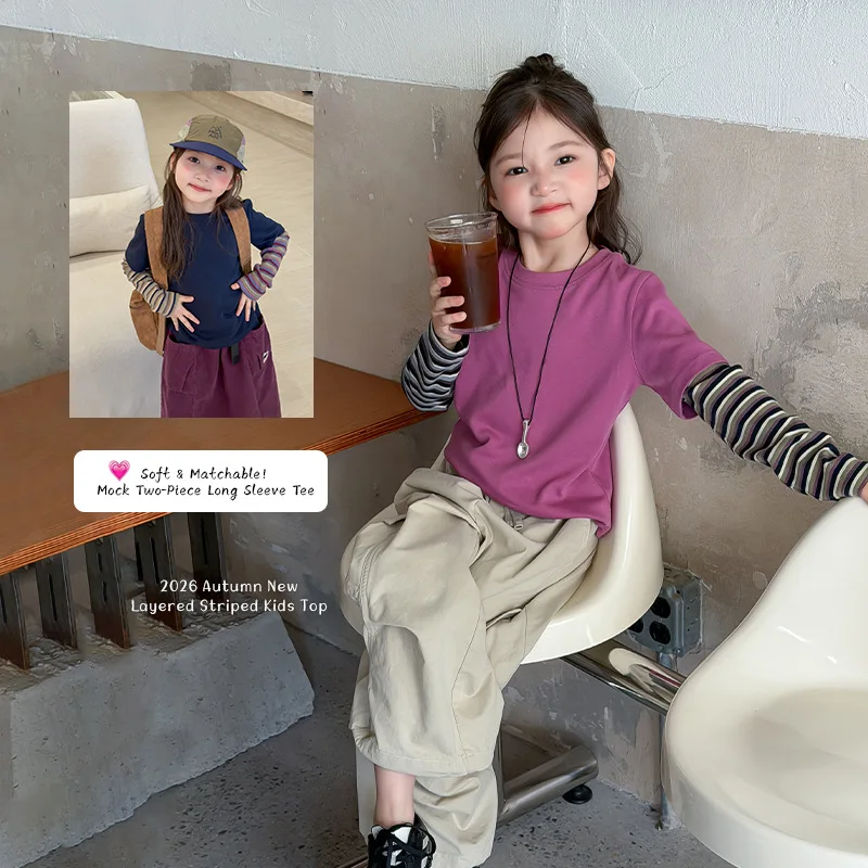 26 Children's Base Shirt Girls Fashionable Contrasting Color Splicing Fake Two-piece Striped Long Sleeved T-shirt Top