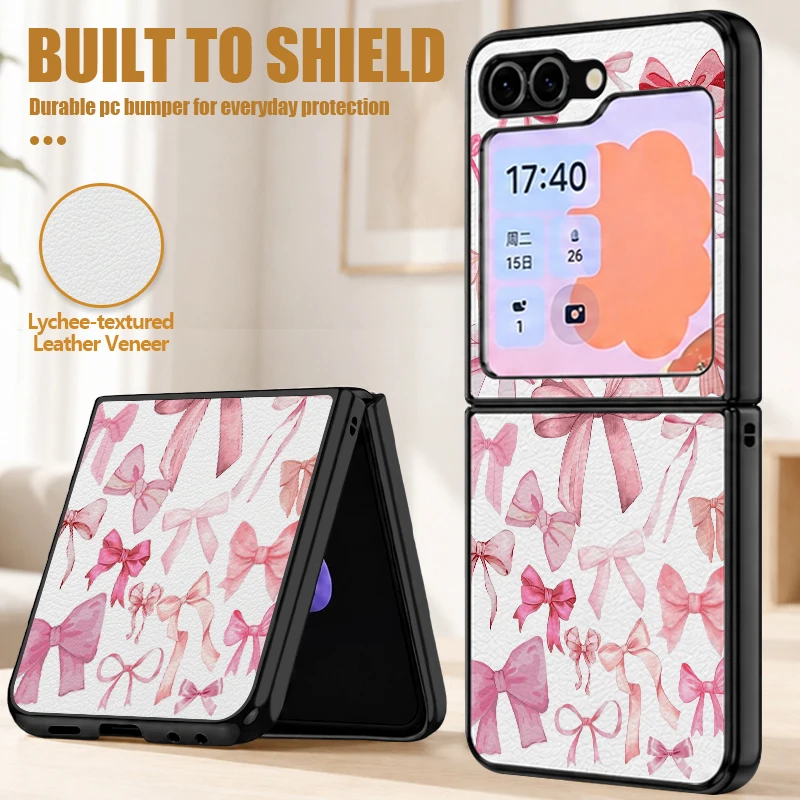 Premium PU Leather Phone Case For Samsung Galaxy Z Flip 8 7 FE 6 5 4 Bowknot Pattern Hard PC Back Cover For Galaxy Z Flip8 Flip7