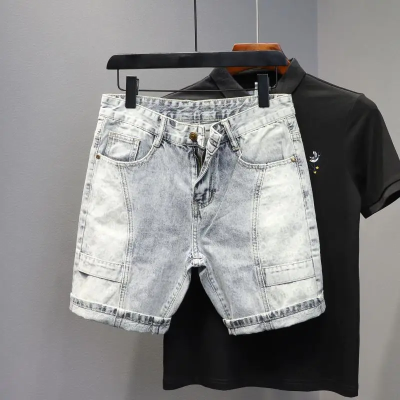 Fashion Casual Denim Mid Short Jeans Men's Summer 2024 New Patchwork Wash Streetwear Slim Fit Pants New Jeans Kpop Brand Shorts