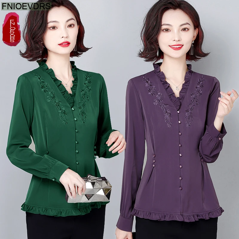 레트로 빈티지 러플 탑 블라우스 가을 봄 여성 긴팔 솔리드 자수 꽃무늬 그린 퍼플 화이트 기본 셔츠