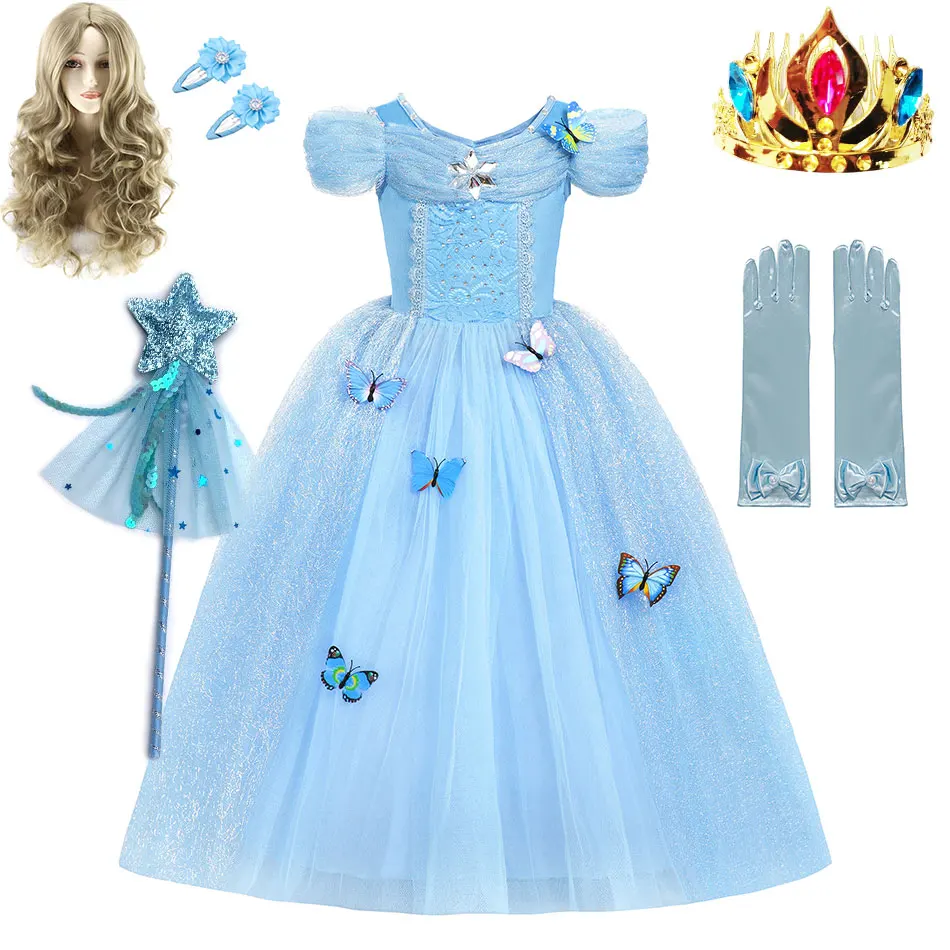 

Disney Cinderella Princess Dress Girl Elegant Gown Butterfly Printed Birthday Party Carnival Costume Fantasia Clothes Cosplay