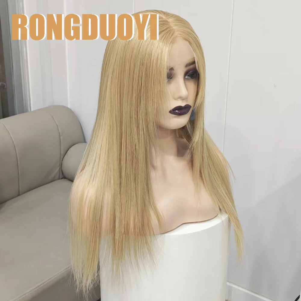 RONGDUOYI Mix Blonde Layered Hair Synthetic Wig Silk Straight Layered Cut Lace Front Wigs for Women Daily Makeup Use Blonde Hair