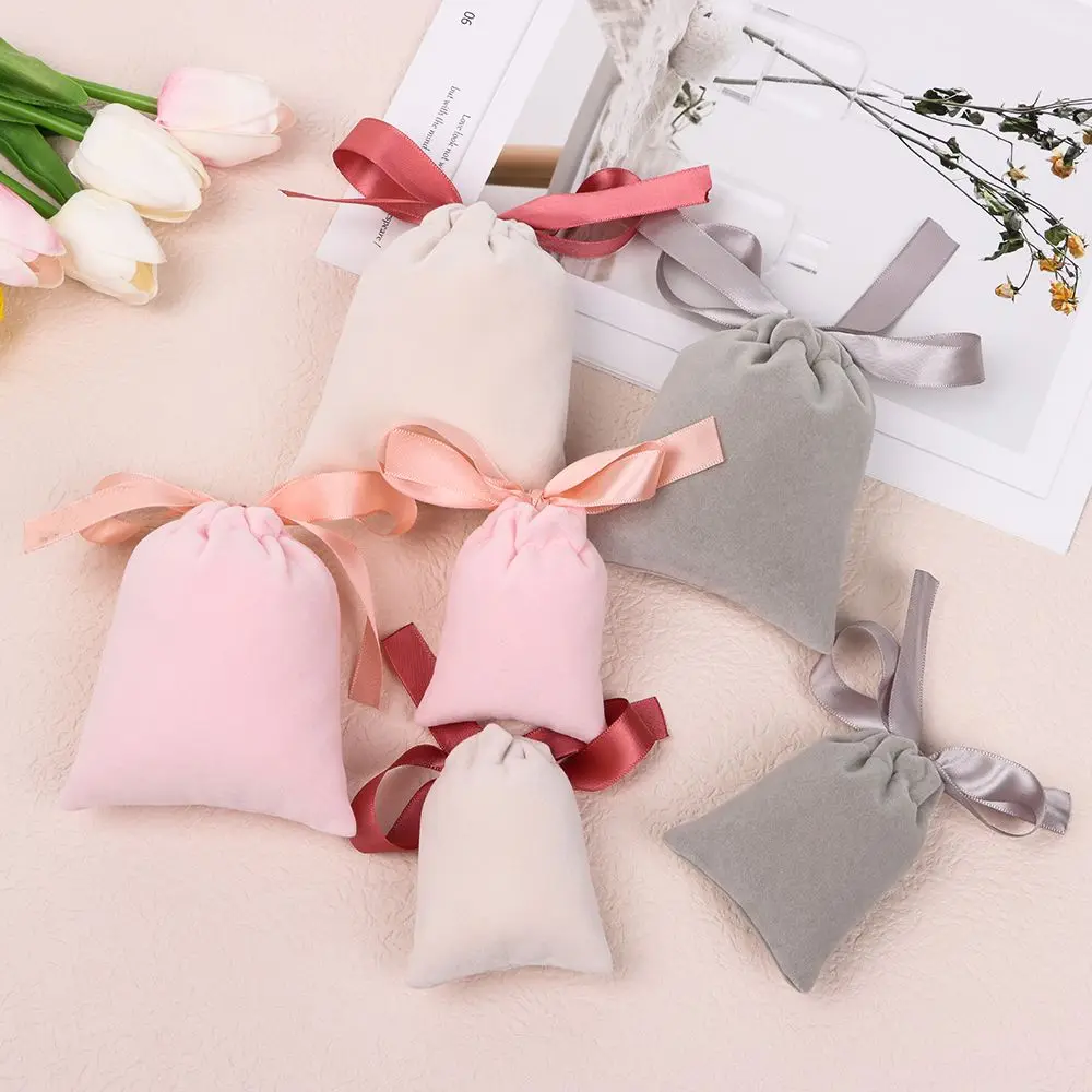 Portable Necklace Wrapping Bag Velvet Storage Pouch Jewelry Packaging Bag Drawstring Pouches Ribbon Flannel Pouches