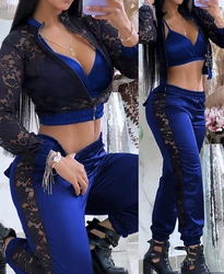 3 Piece Set Women Outfit Casual V-Neck Crop Top Shirred Crochet Lace High Waist Cuffed Pants Suit Long Sleeve Coat 2024 Summer