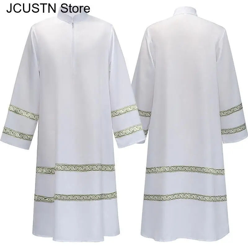 Muslim Abaya Islamic Clothing Men's Embroidered Striped Jubba Thobe Moroccan Dubai Kaftan Eid Prayer Robe Dress Cosplay Costume