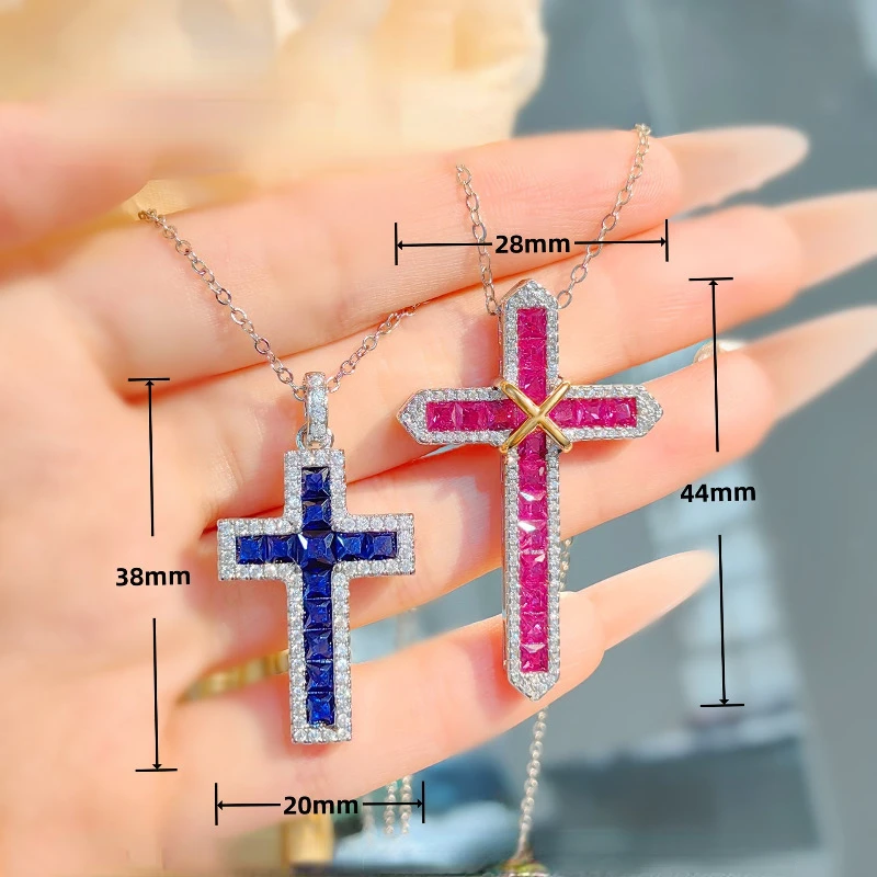 Vintage Lab Ruby Cross Pendant 925 Sterling Silver Party Wedding Pendants Necklace for Women Men Anniversary Jewelry Gift