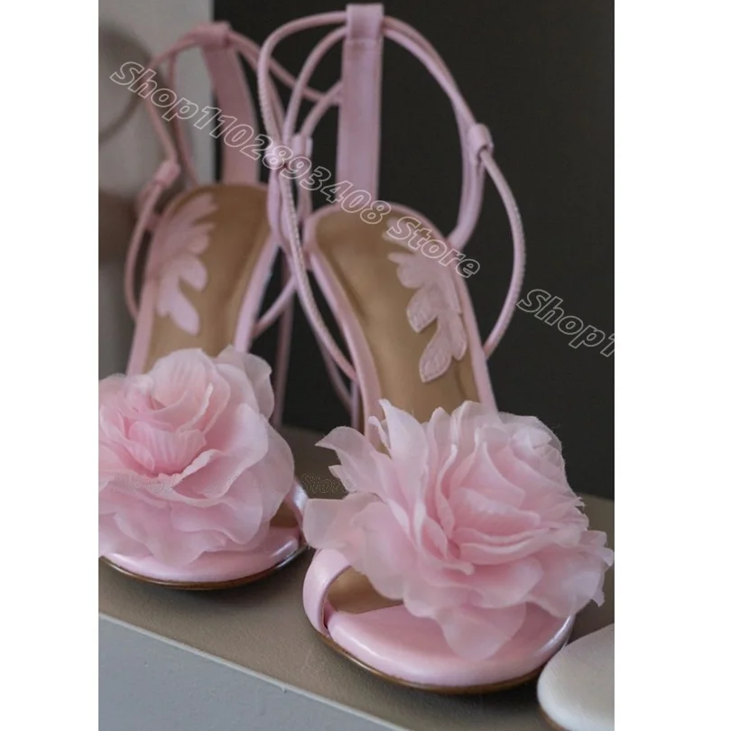 Pink Flower Decor Stiletto Sandals Open Toe Solid Ankle Buckle Dress British Style Fashion Women Shoes 2024 Zapatos Para Mujere