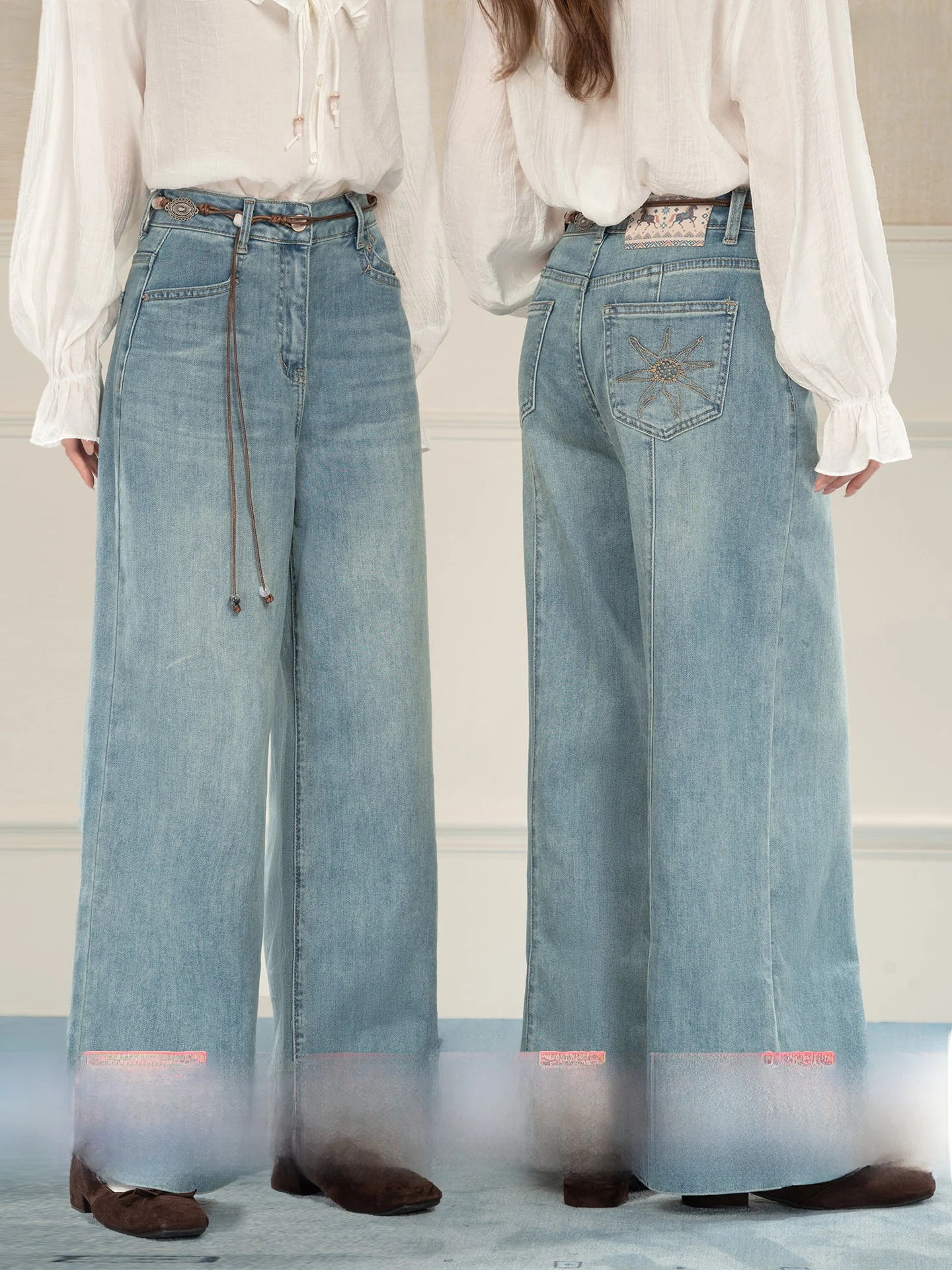 

Heynew High Waist Wide Leg Denim Jeans Women's Spring New Waed Folded Flower Pattern Nine Points Pants Slimming Concealing