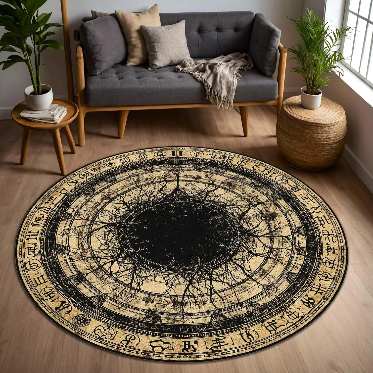 【Room Decoration Carpet】Mysterious Rune Round Carpet, Dark Academy Style Witch Star Realm Mark Carpet, Gothic Alchemy Mandala Floor Mat, Suitable for Living Room and Bedroom Decoration
