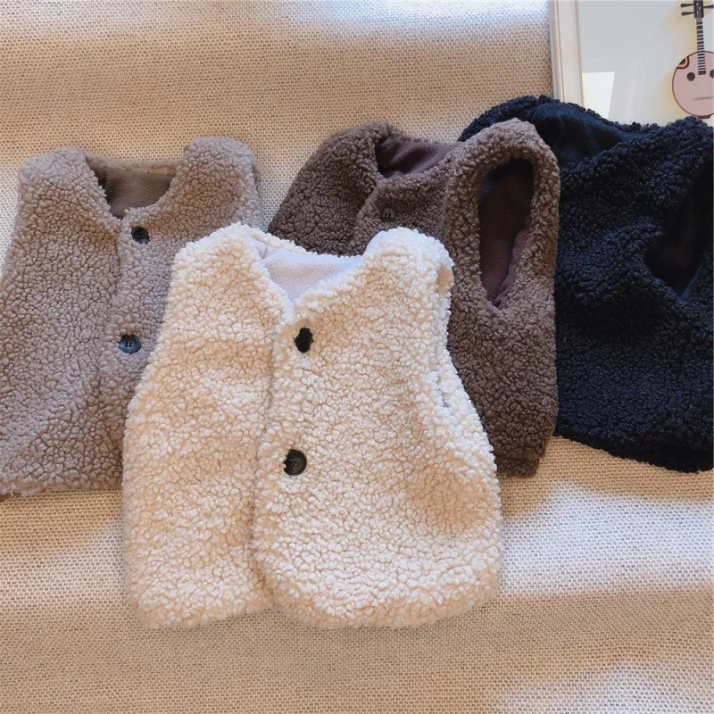 Fashion Baby Plus Velvet Waistcoat Girls Boys Plush Vest Single Breasted V Neck Autumn Winter Child Warm Teddy Hair Coat