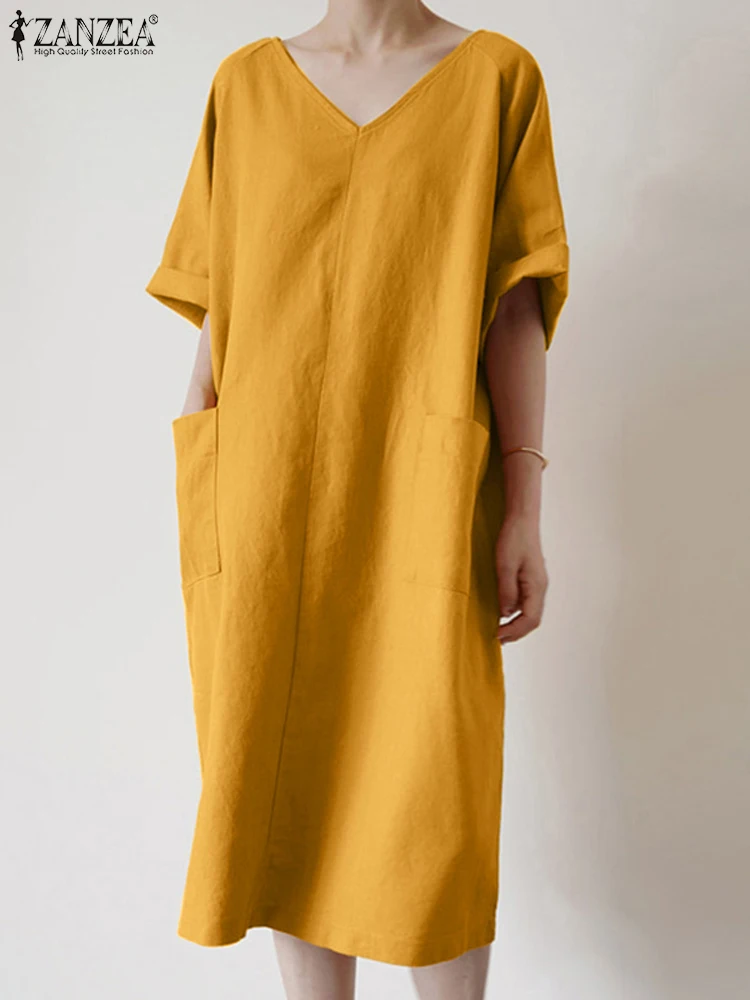 

2024 Summer Vintage Dresses Women Cotton Midi Vestidos ZANZEA Casual Solid Half Sleeve Long Sundress Holiday Loose V-neck Robe