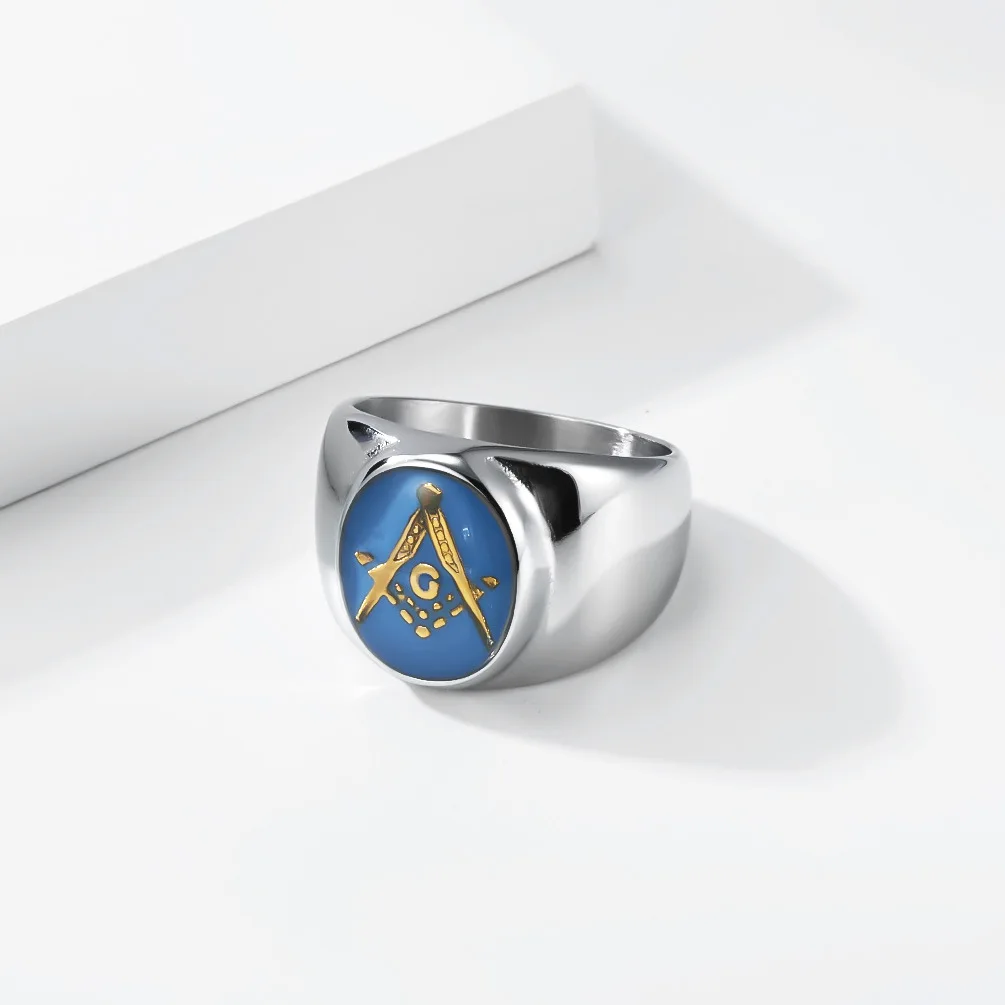 Men's Stainless Steel Freemason Masonic AG Ring Blue G Lodge Master Mason Signet Size#7-13