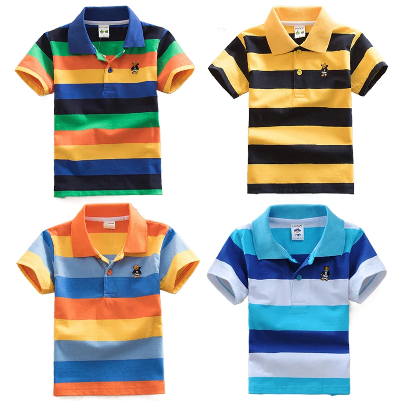 

T-shirt For Boys Summer Children Short Sleeve Stripe Tees Cartoon Bear Embroidery Tops Teens Breathable Polo Shirt Kids Clothing