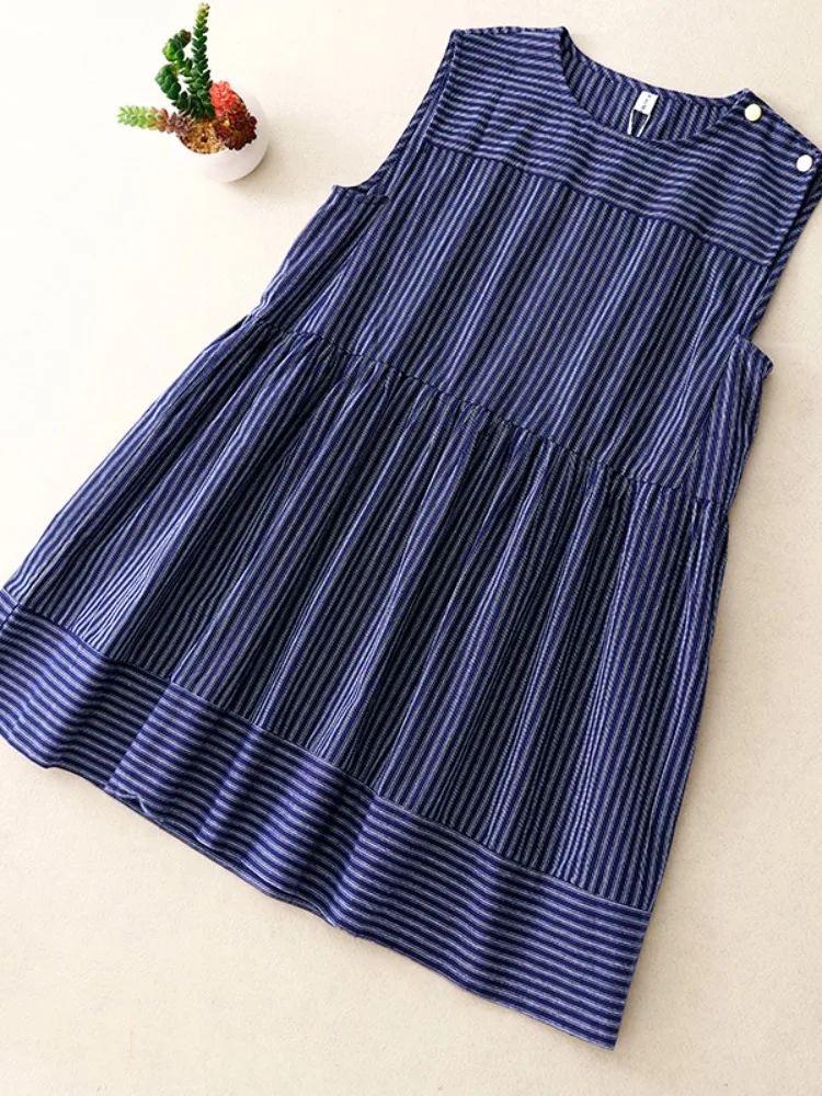 Blue Striped Vest Dress Women Summer Rustic Loose Hem Cotton Linen Sleeveless A-Line Shirt Skirt Korean Style Casual Loose Fit