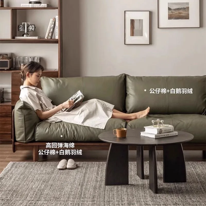 قائمة جديدة على الطراز الشمالي أريكة فنية جلدية إيطالية بسيطة من الخشب الصلب أريكة جلدية لغرفة المعيشة سجل منزلي مستقيم #4