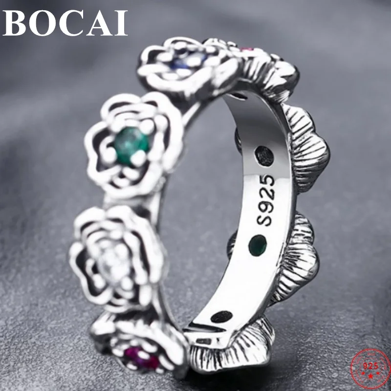 

BOCAI S925 Sterling Silver Rings 2022 New Fashion Brambles Rose Zircon Adjustable Solid Pure Argentum Hand Jewelry for Women Men