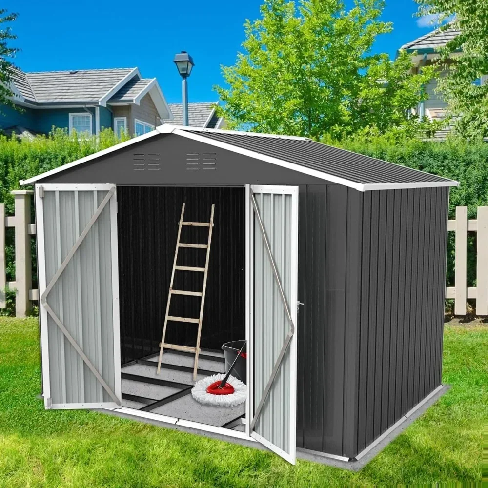 

8 x 6 ft Outdoor Storage Shed, All Weather Metal Sheds with Metal Foundation & 2 Lockable Doors,for Garden, Patio, Backyard