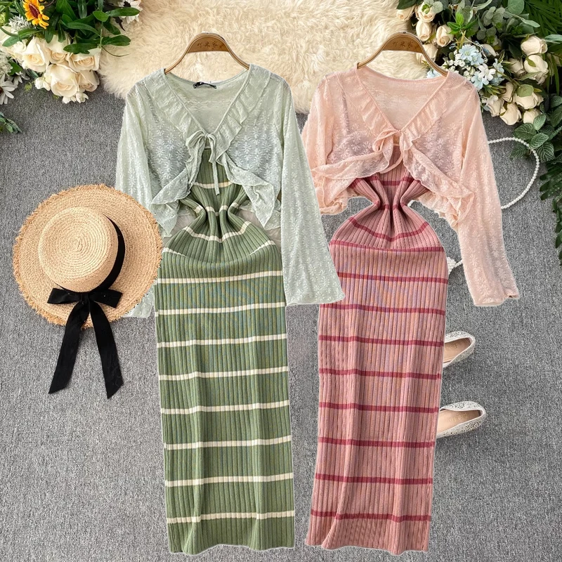 

2025 New Summer Women Flare Sleeve Ruffles Short Lace Cardigan Tops + Hit Color Striped Slim Long Strap Dress Two Piece Set