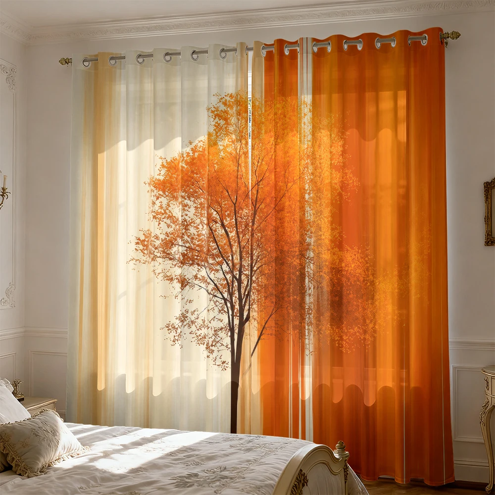2pcs Warm-Toned Autumn Tree-Printed Curtains for Bedroom Shading and Home Fashion Decoration
