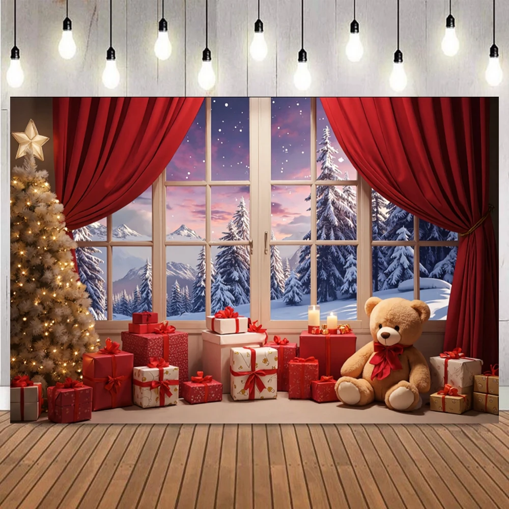 Background for Christmas Photography Xmas Winter Window Curtains Frozen Pine Forest Snow Kids Family Party Background Decor