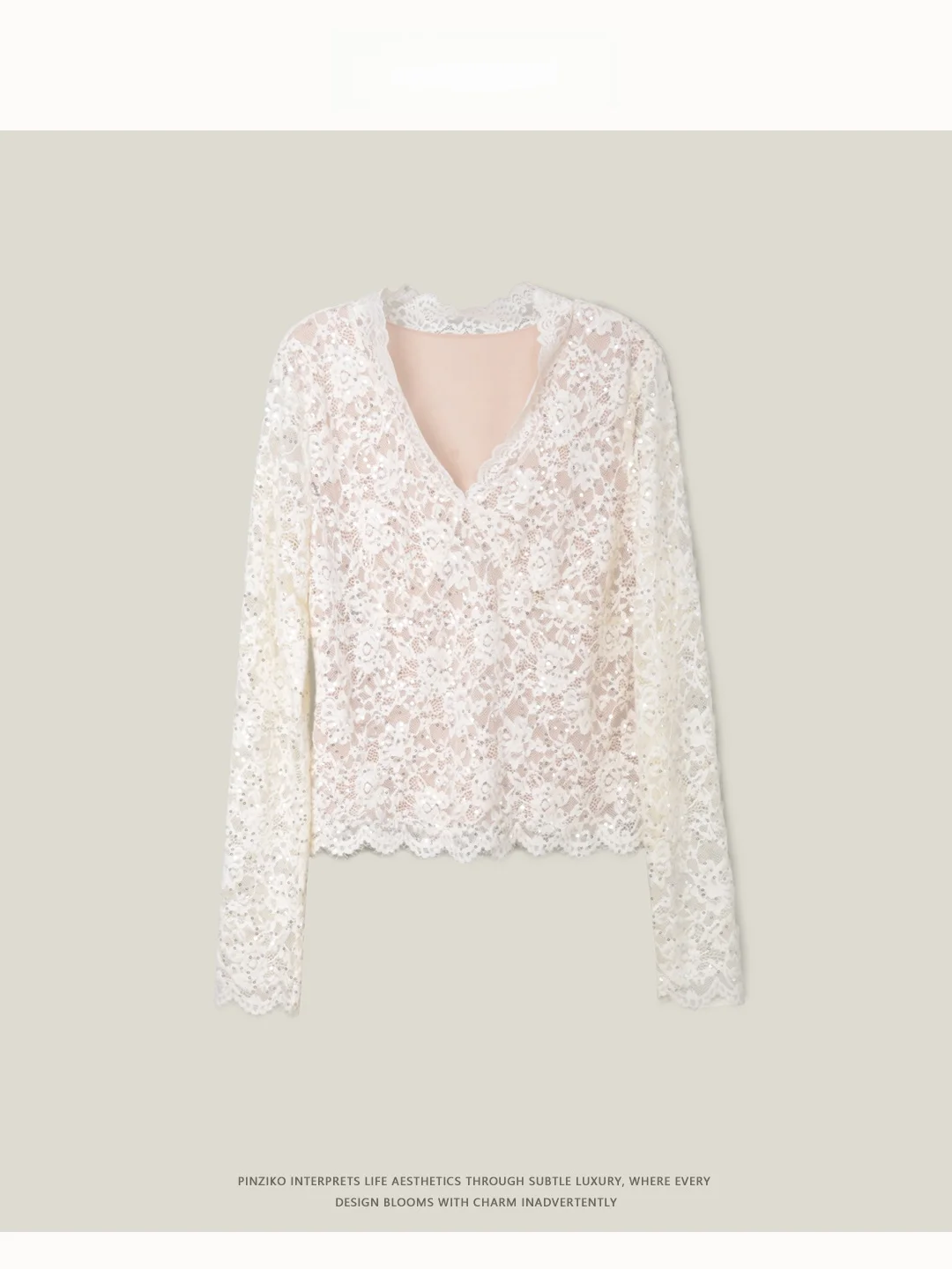 

PINZIKO Женский кружевной топ с V-образным вырезом, утепленный, приталенный, повседневный, с длинным рукавом, из нейлона, полиэстера и эластана