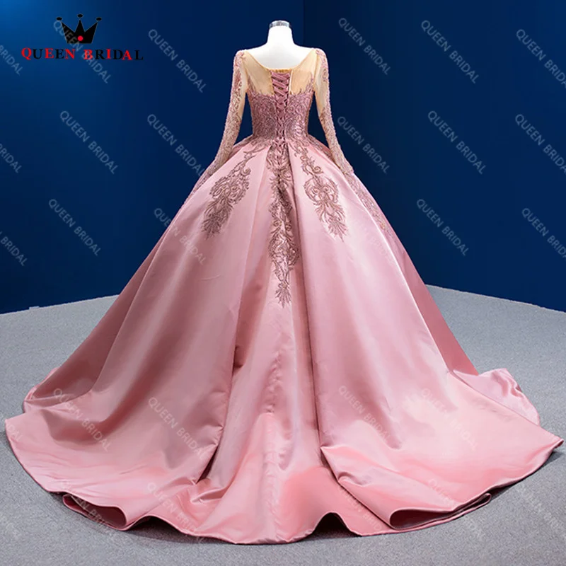 Long Formal O-Neck Evening Dresses Elegant Pink Satin Illusion Long Sleeves Ball Gown Appliques Robe de soirée Custom Made EN19