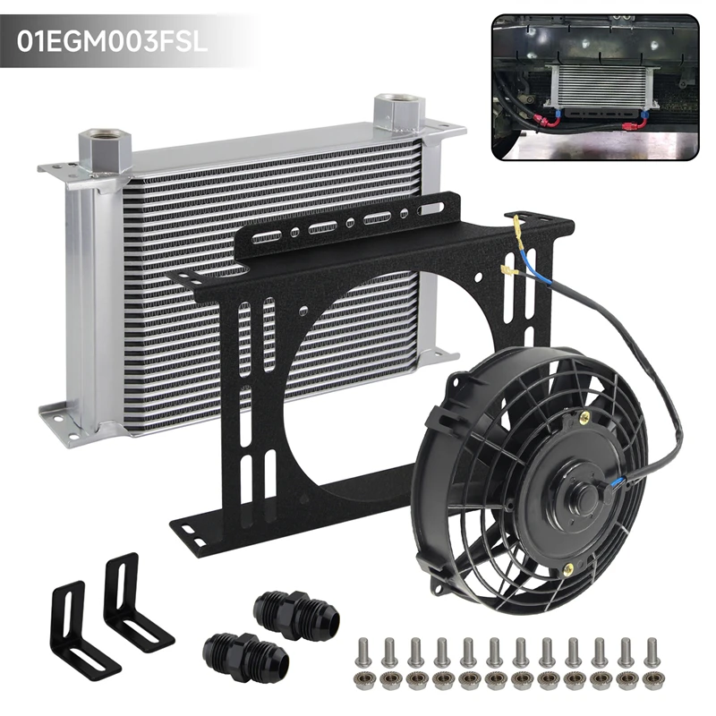 

Universal AN10 Oil Cooler Female 28 Row w/New Mounting Bracket Kit+7" Electric Fan Kit+ 2PCS Male to Male Fittings