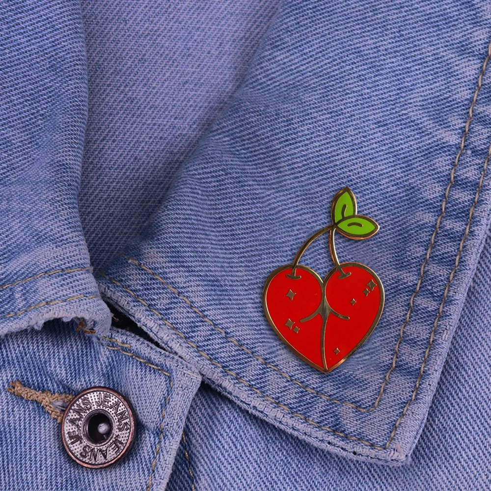 Cherry Butt Enamel Brooch Fashion Funny Body Organs Fruit Pin Shiny Backpack Lapel Badge Collection Jewelry