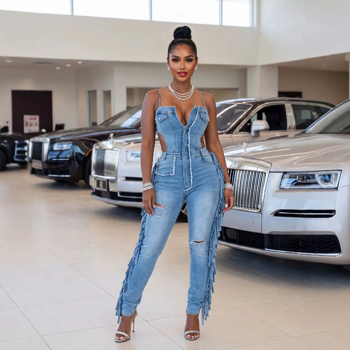 3595 Women's Fashionable And Erotogenic Suspender-style, Distressed, High-elasticity, [unk]fringed[unk] Denim Jumpsuit Luxury