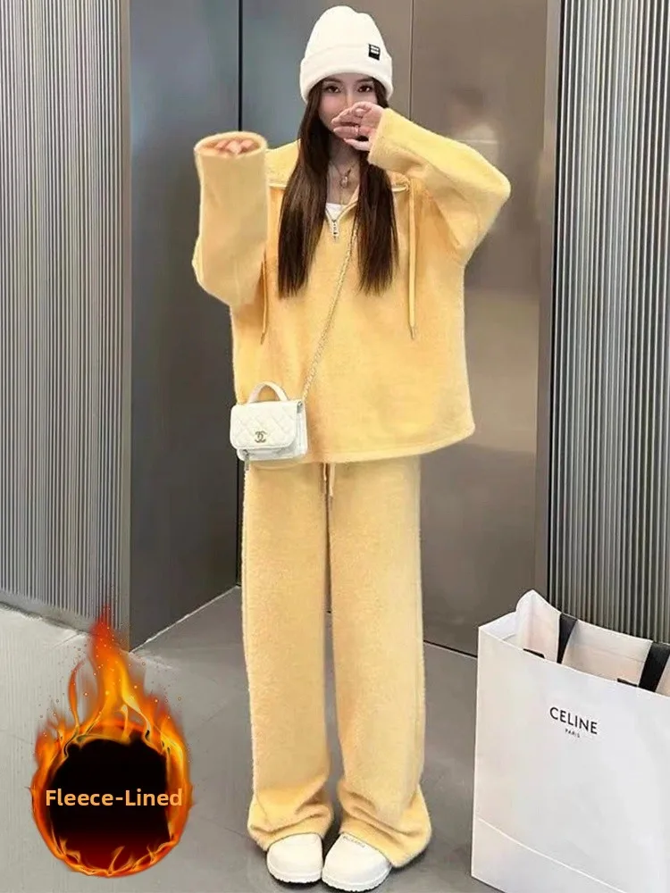 

Женский спортивный костюм с флисовой подкладкой: желтый, повседневный, свободный крой, в корейском стиле, свитшот и брюки с широкими штанинами, комплект из двух предметов