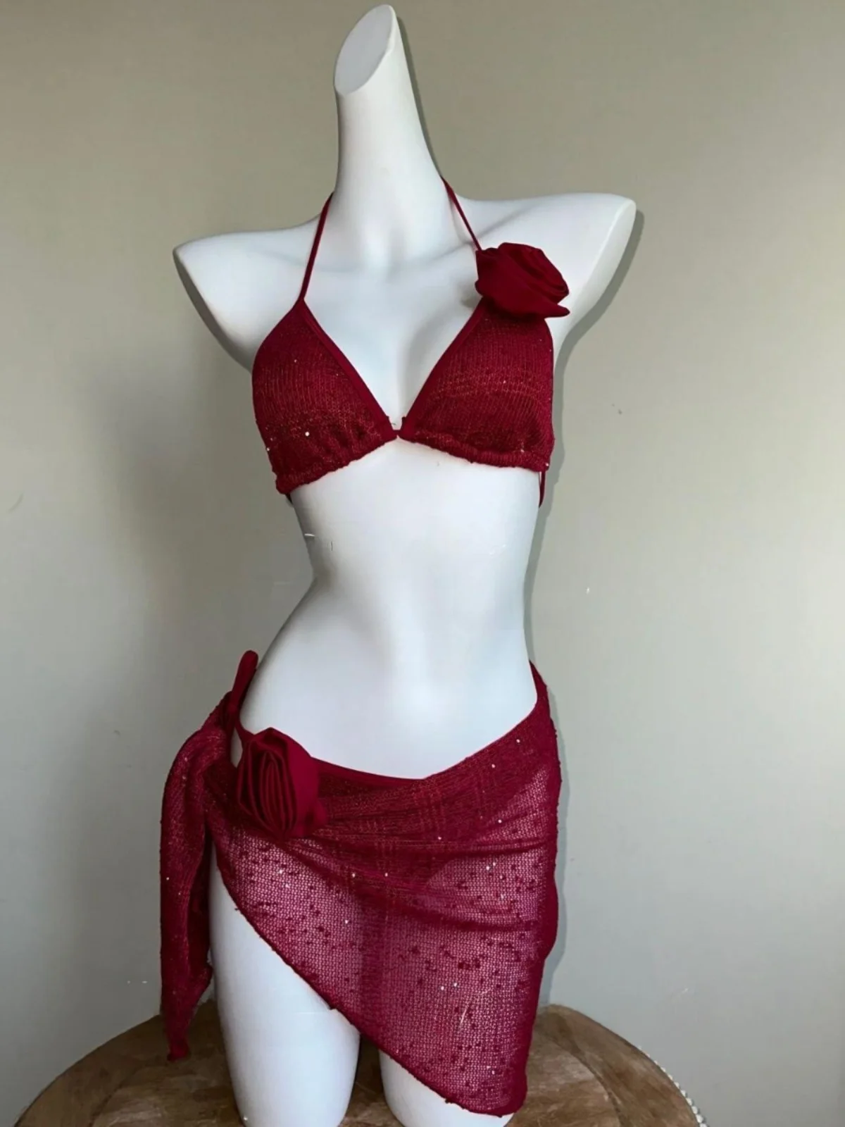 

Pure Desire White Red e Bikini Tee Piece Set Separate Beach Swimsuit Women's Vaion Beach Rose Flower Design