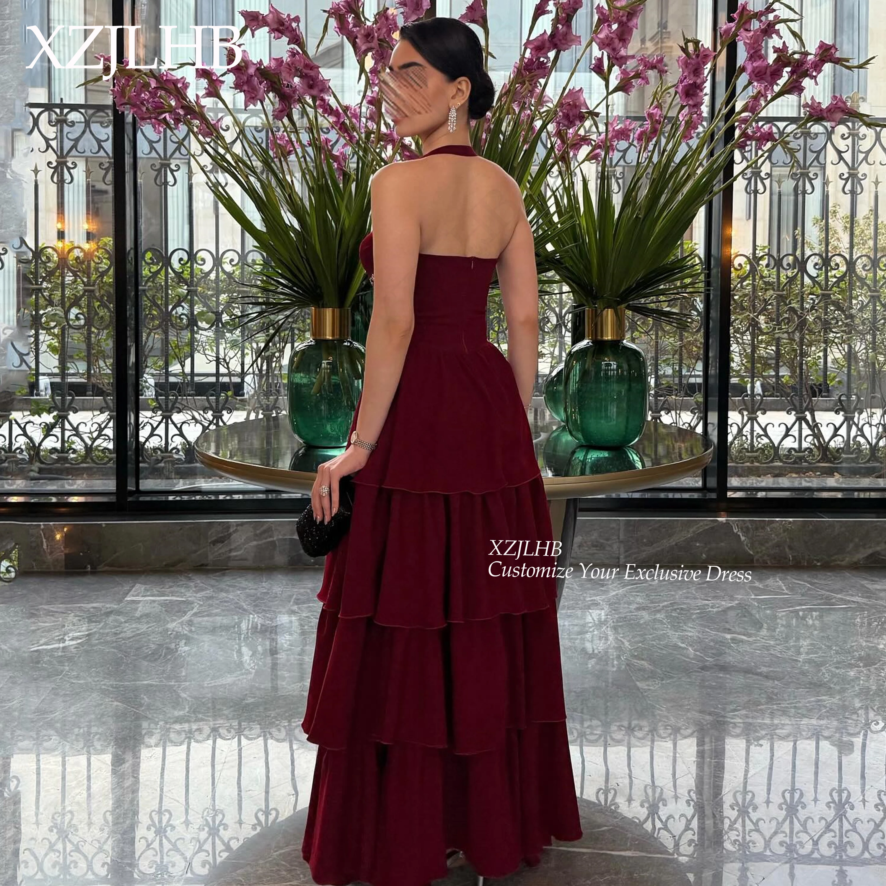 XZJLHB Custom Made Halter Sleeveless Celebrity Dress Vintage Soft Satin Evening Gowns A-Line Tiered Backless Prom Gown For Woman