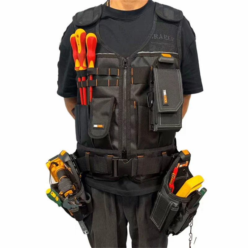 TOOLSTACK Heavy-Duty Work Vest Multi-Pocket Durable Breathable Construction Waistcoat Adjustable Multipurpose Electrician's Vest