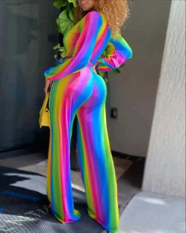 Sexy Colorful Striped Print Pants Outfits Women 2022 Spring Summer Lantern Sleeve Tied Detail Jumpsuit Fashion Office Romper