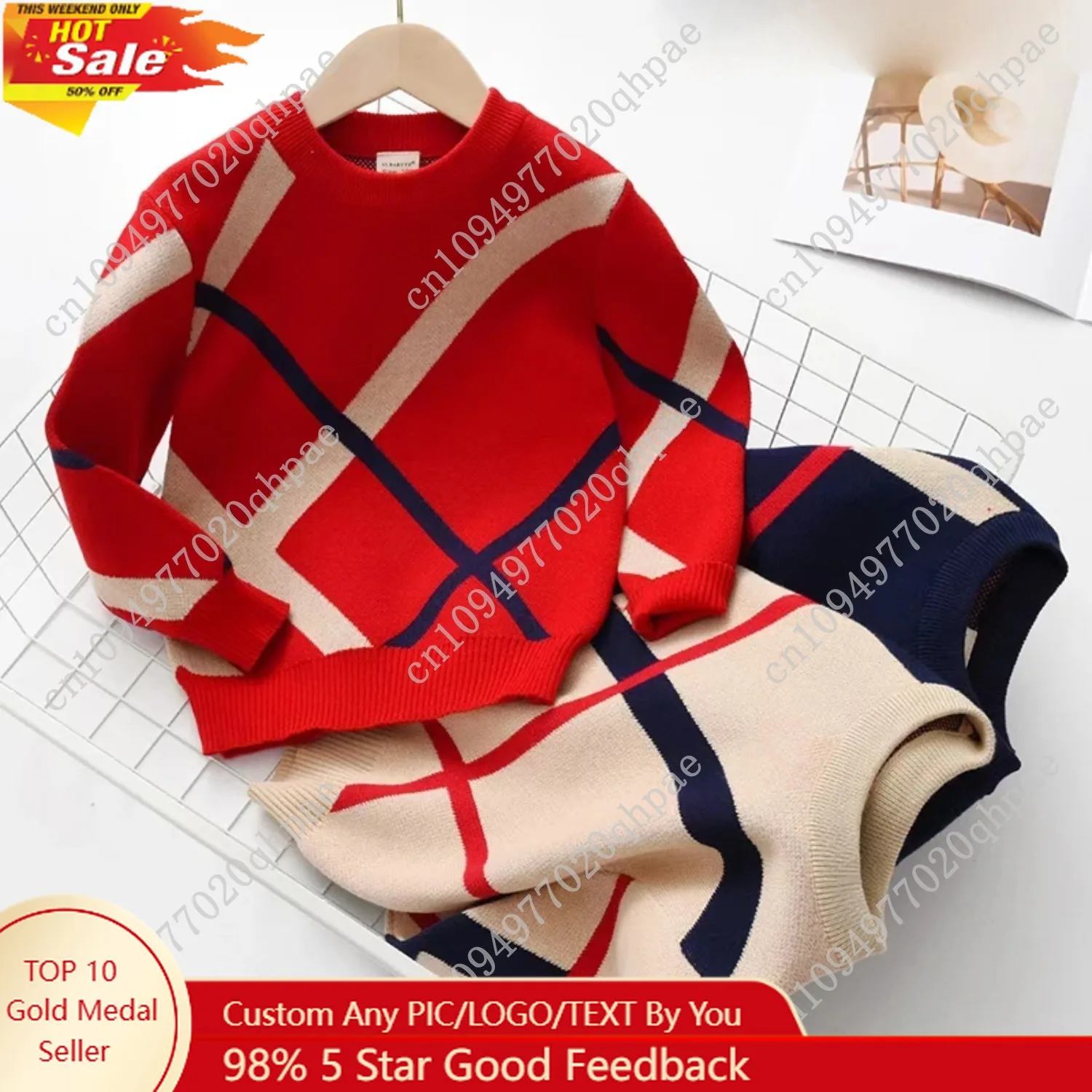 

New Autumn Winter Children's Sweater Underlay T-Shirt Round Neck Double Layer Cotton Stripe Small and Medium Sweater