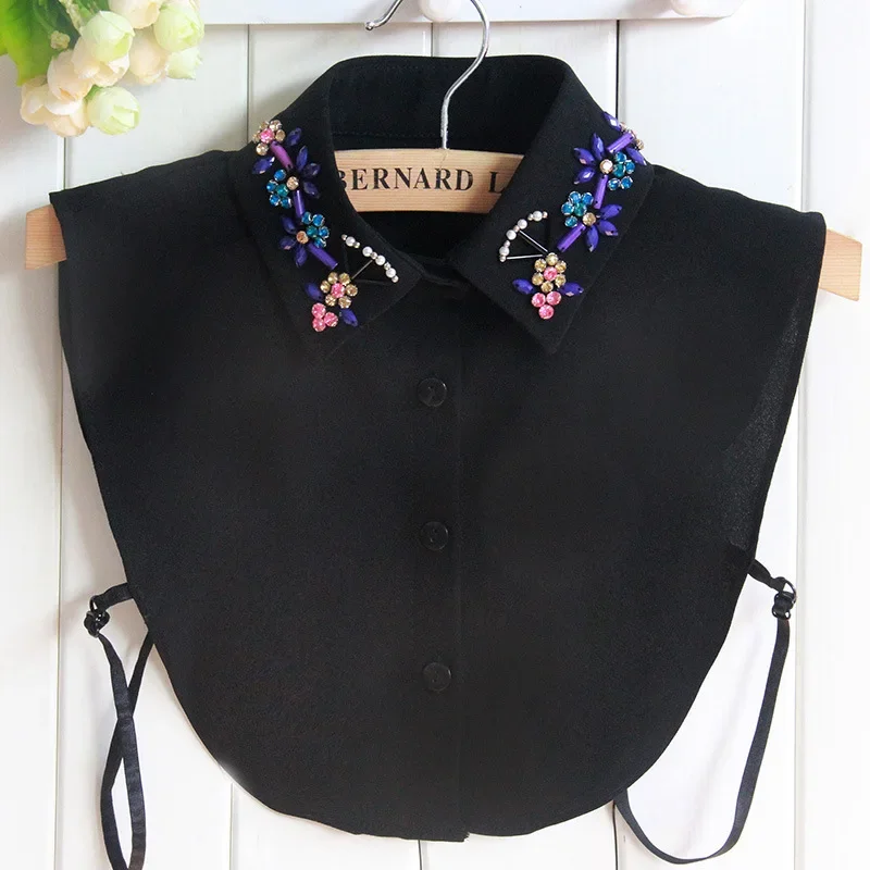 Linbaiway Handmade Beads False Collar for Women Fake Collar Decoration Lapel Blouse Top Female Detachable Collar Lapel Button