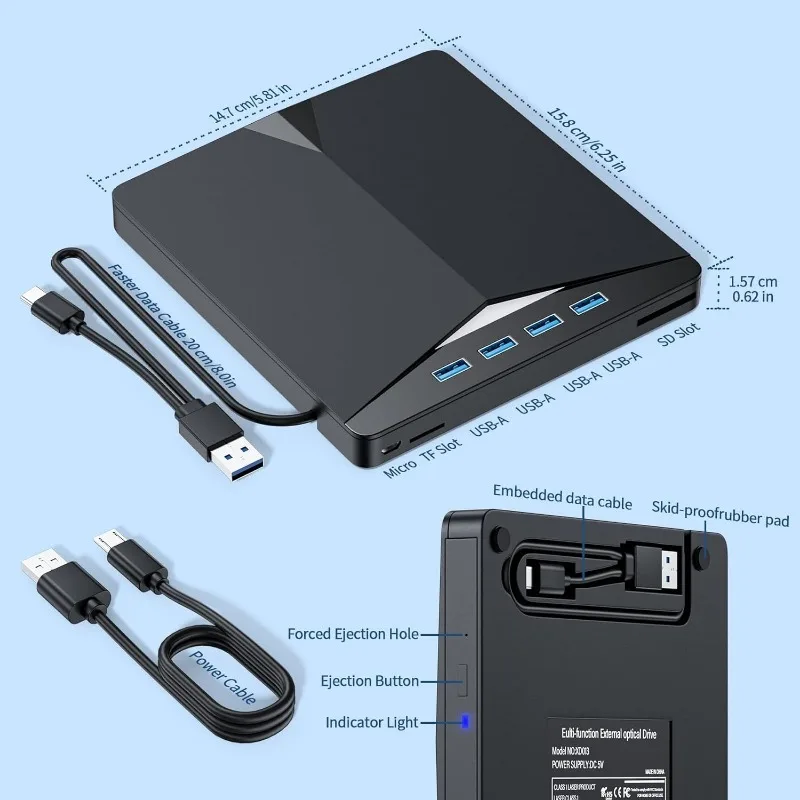 Reproductor de DVD USB 3.0 7 en 1, grabador de CD/DVD portátil, unidad de CD/DVD externa Compatible con PC portátil Windows 11/10/8/7 Linux Mac OS