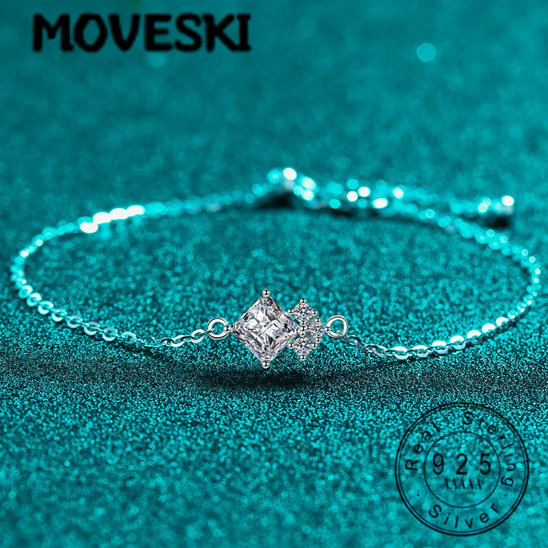 

MOVESKI 925 Sterling Silver Princess Cut Moissanite Dainty Square Bracelet for WomenTrendy Wedding Bridal Jewelry Gift