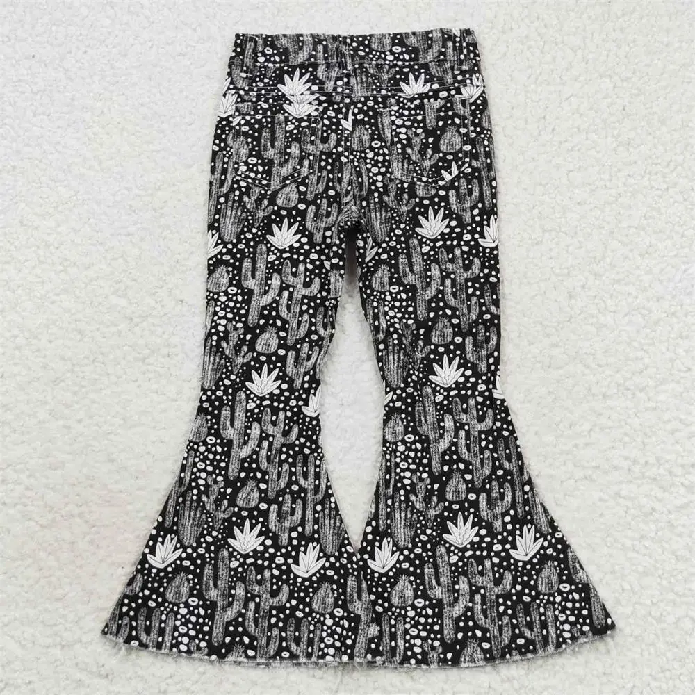 Wholesale Toddler Zipper Bell Bottom Pants Baby Girl Western Trousers Clothing Kids Infant Pocket Children Cactus Denim Jeans