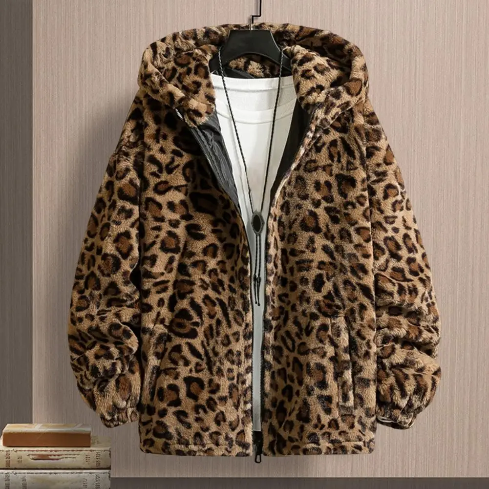 Faux Fur Fluffy Coat Leopard Print Hooded Men Jacket Thickened Double-sided Plush Men Coat Winter Plush Jacket Hooded Outerwear