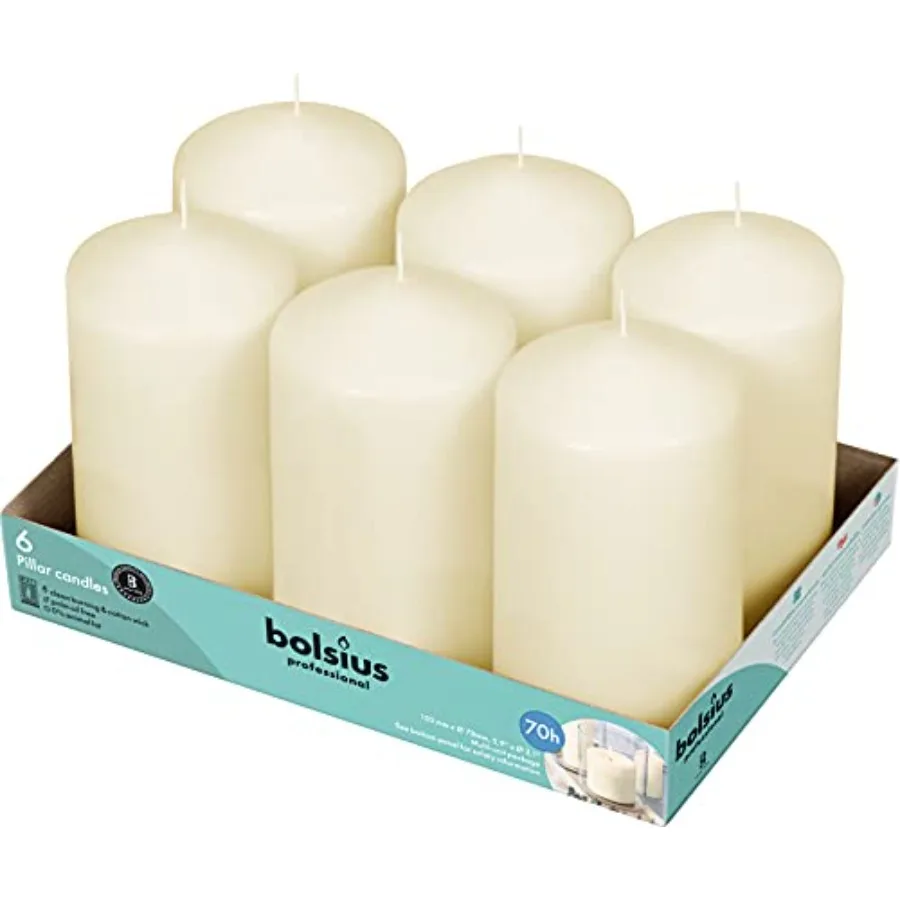 

Set of 6 Ivory Pillar Candles - Unscented Candle Set - Dripless Clean Burning Smokeless Dinner Candle - Perfect for Wedding Can