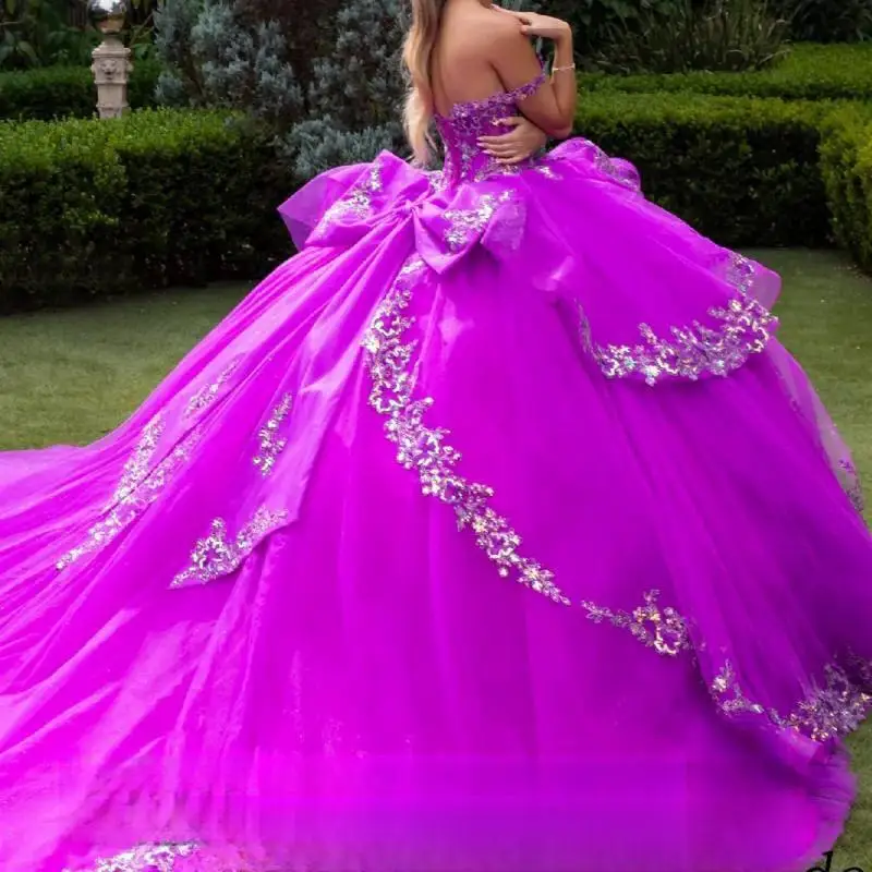 Personalizado de luxo roxo quinceanera vestidos tull brilho longo fora do ombro apliques arco vestido renda emparelhado a linha saia plissada