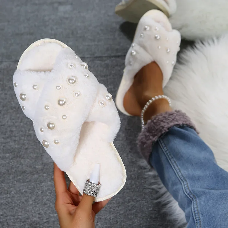 Furry Slippers Woman Slides Casual Fur Flat Heels Shoes Trend Pearl Spring Autumn Slippers Plus Size Zapatos De Mujer