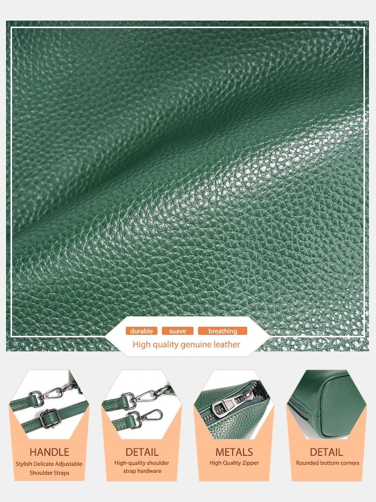 Zency Green Bag 100% Genuine Leather Women Shoulder Bag Hobos Roomy Casual Tote Handbag Crossbody Double Side Zip Pocket Natural