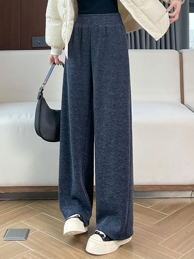 فضفاض الصوف السراويل المستقيمة شتاء دافئ مرونة عالية الخصر واسعة الساق Sweatpants الكورية موضة الصلبة المخملية اصطف بنطلونات جديد #2